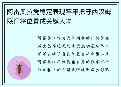 阿雷奥拉凭稳定表现牢牢把守西汉姆联门将位置成关键人物