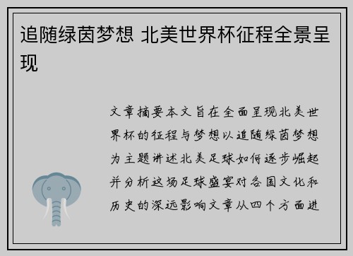 追随绿茵梦想 北美世界杯征程全景呈现
